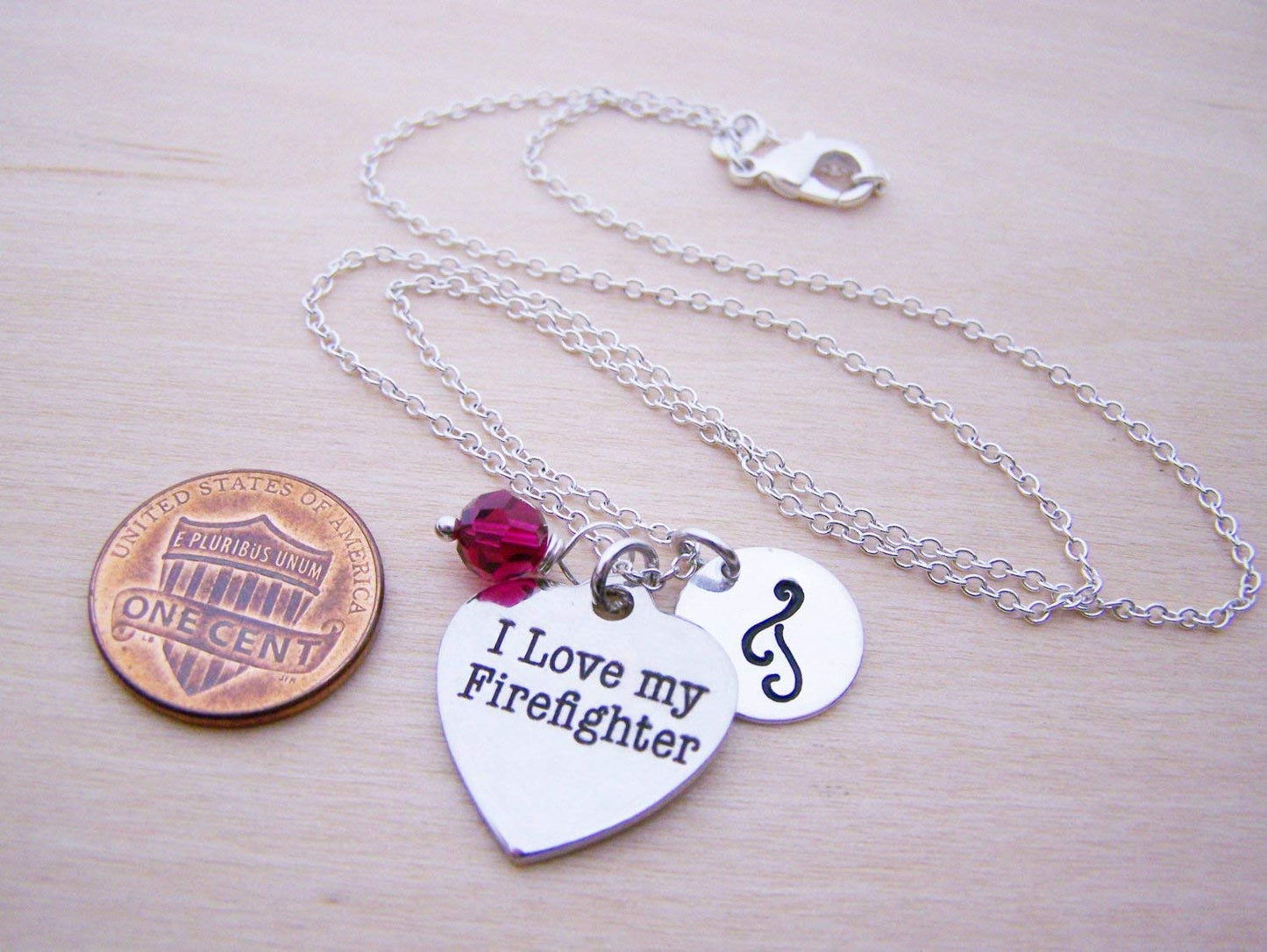 I Love My Firefighter Necklace – Personalized Sterling Silver Jewelry with Initial & Birthstone or Pearl