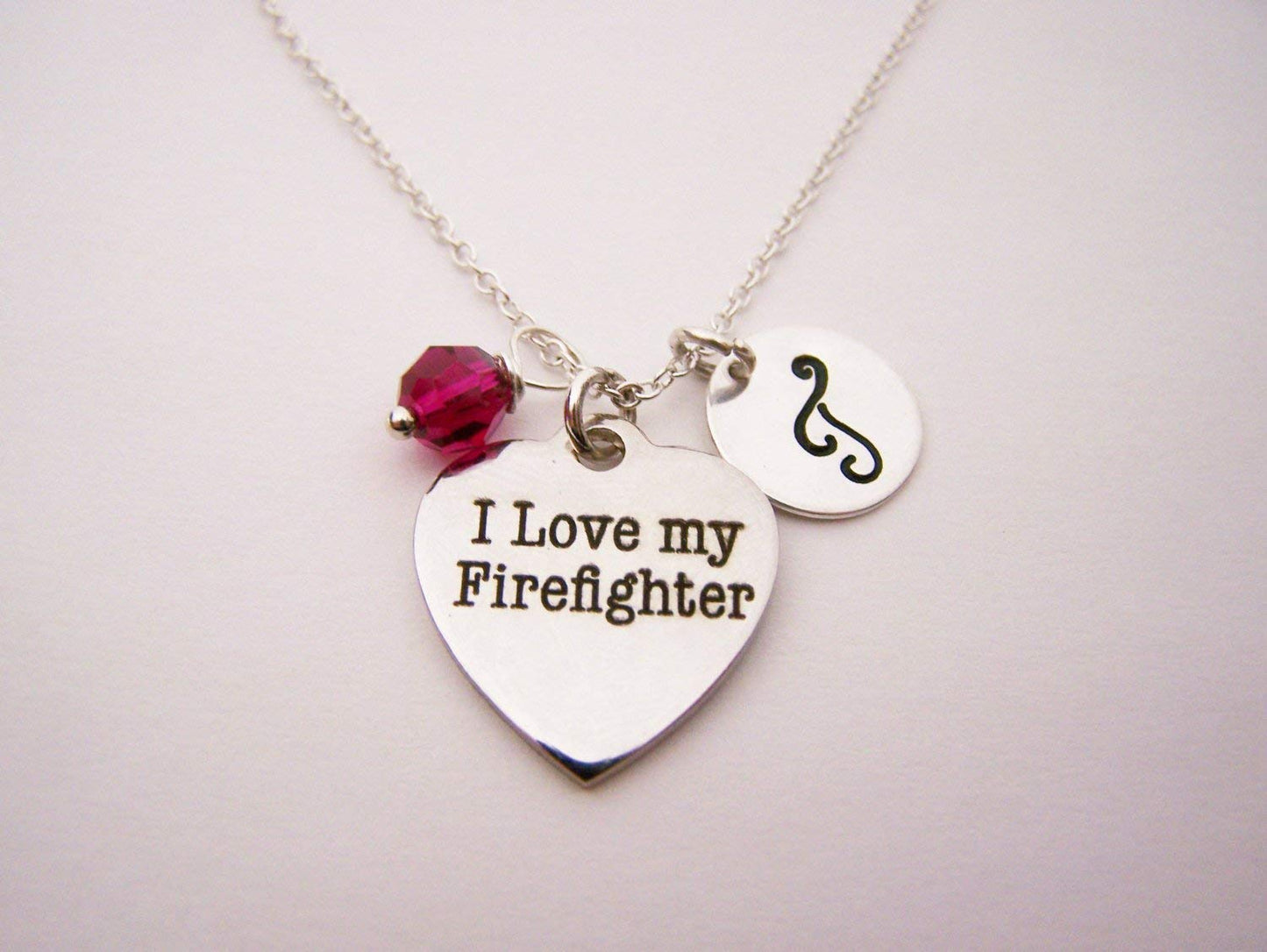 I Love My Firefighter Necklace – Personalized Sterling Silver Jewelry with Initial & Birthstone or Pearl